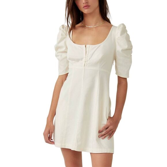 NWT Free People Cheyenne Puff Sleeve Denim Mini Dress in Ivory Size M - Picture 1 of 9
